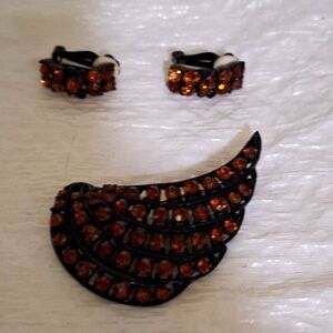 Amber Glass M Jent Women's Brooch and Earrings Grandma Chic Elegant Vintage